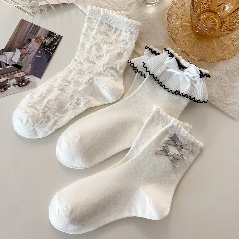 

Lolita White Lace Socks Women Heart Bowknot Cotton Socks Femme Sweet Cute JK Socks Ankle Dress All Match Small Leather Shoes Sox