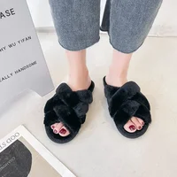 Fashionable Women's Cross Open-Toe Fur Slippers Indoor Home Cotton Slippers Flat Heel Autumn Winter New Arrival Korean Style - Image 2