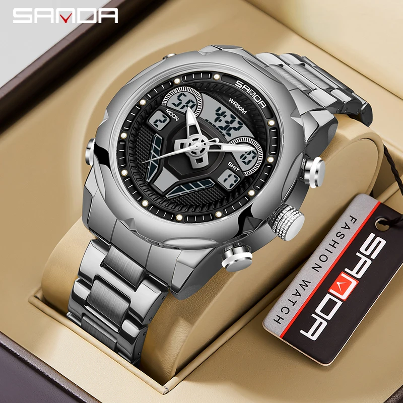 

SANDA Luminous Waterproof Multi-Function Dual Display Watch Luxury Brand Stainless Steel Strap Men Watch WristWatch Gift 9022