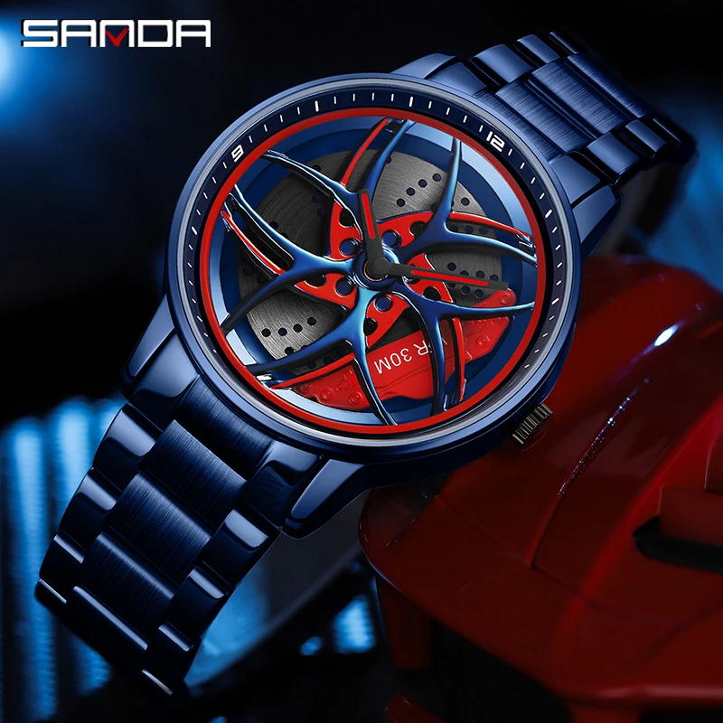 Sanda 1091Hot Sale 360 Degree Rotating Car Wheel Hollow Out Design Dial Waterproof Quartz Movement Wrist Analog Watch 2023
