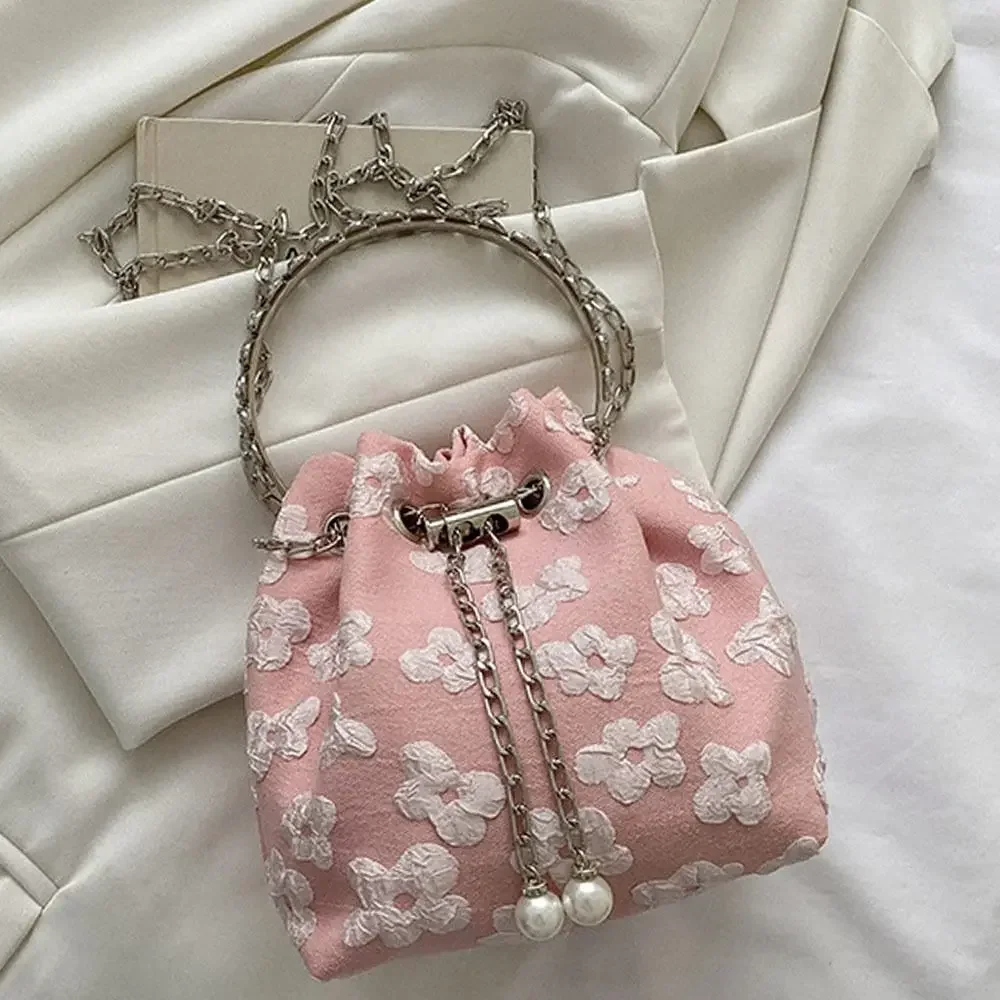 Floral Pleated Bucket Bag Women's Adjustable Chain Strap Drawstring Crossbody Shoulder Bag Multi-Way Carry Casual Purse Handbag