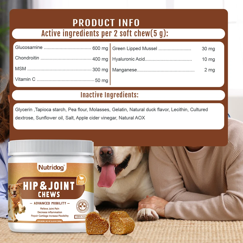 Hip and Joint Supplement Dogs Glucosamine Chondroitin MSM Duck Flavor Joint Care Chews Duck pet nutrition supplement