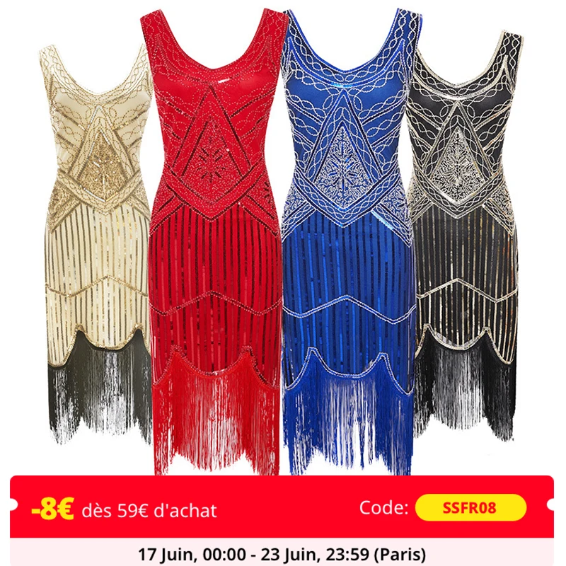 

Women Party Dress 1920 s Great Gatsby Flapper Vestidos Sequin Bead Fringe Dress Evening V Neck Embellished Fringed Sleeveless