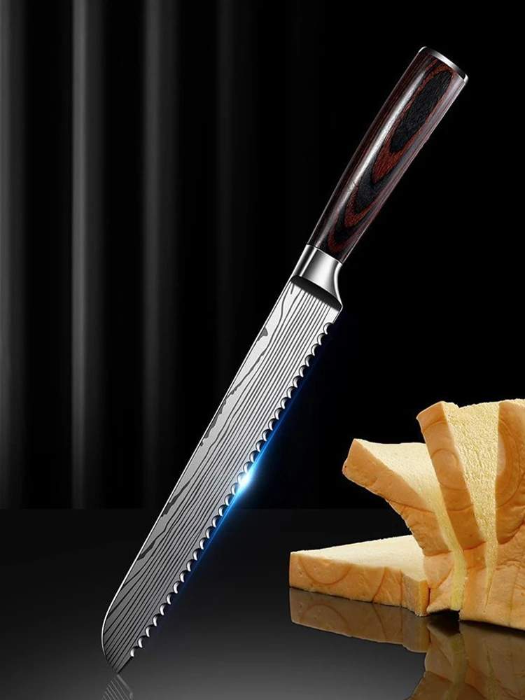 Description Picture 6 of itemKitchen 8 Inch Bread Knife Cheese Toast Knife Stainless Steel Damascus Pattern Knives Slicing Chef Cutter Wood Handle