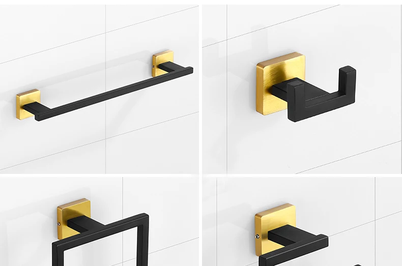 Description Picture 4 of itemMatte Black Gold Bathroom Accessories Set Wall Towel Holder Roll Paper Holder Towel Ring Robe Hook Stainless Steel Hardware Set