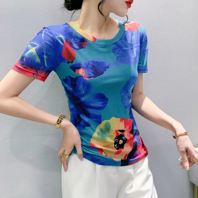 

#5437 футболка с цветочным принтом Tie Dye женская летняя пикантная тонкая облегающая тянущаяся Сетчатая футболка женская футболка в Корейском стиле с круглым вырезом
