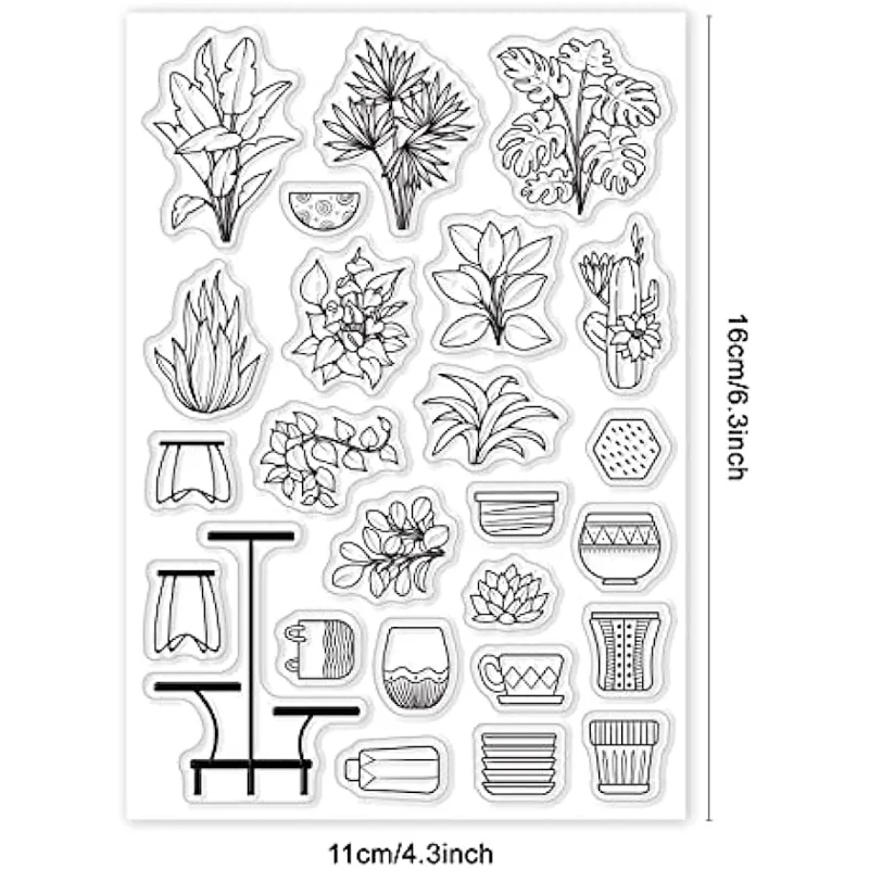 Timbri Trasparenti In Gomma Silicone, Set 15x21 Cm Con Piante In Vaso, Cactus E Giglio, Per Scrapbooking E Biglietti Fai Da Te