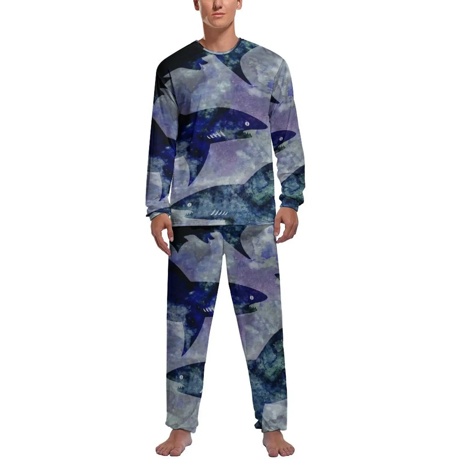 Pijama de tiburón abstracto de primavera de dos piezas con estampado animal colorido, conjunto de pijama cálido para hombre, ropa de dormir gráfica de manga larga para el hogar