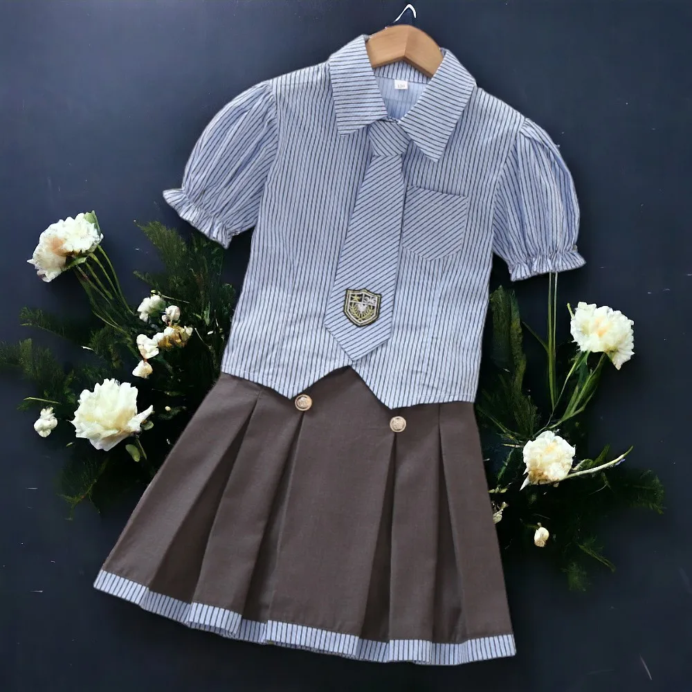 

Summer Girls Outfits Suit Short Sleeve Striped Shirt & Skirt Teenagers Set School Uniform Kids Baby Costumes 6 8 10 11 12 Years