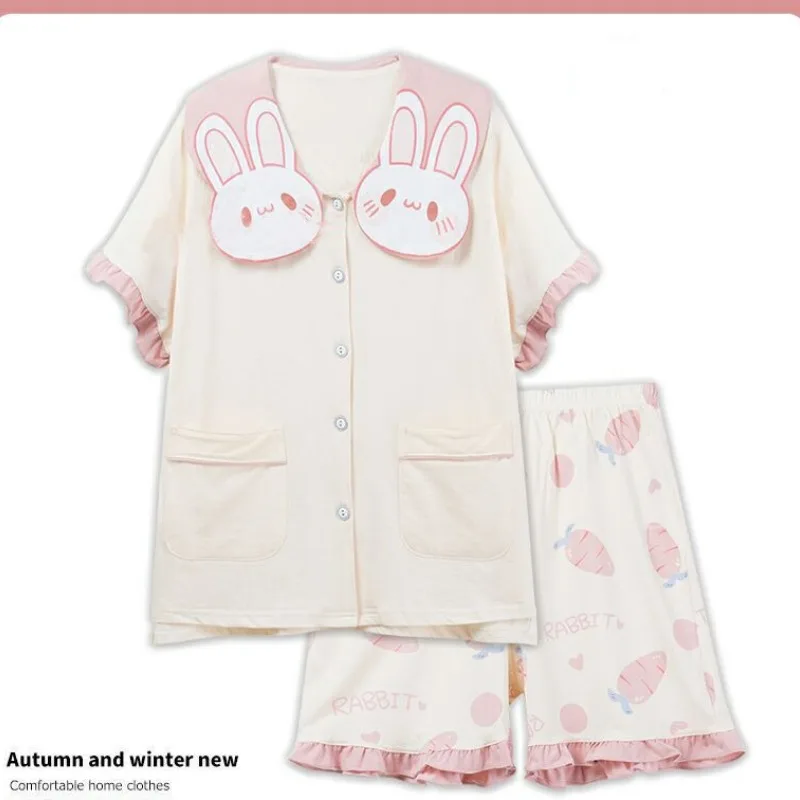 Japanese Summer Women's 2024 Sweet and Cute Lolita Style Bunny Girl Patchwork Button Loose Short Sleeved Homewear Pajama Sets