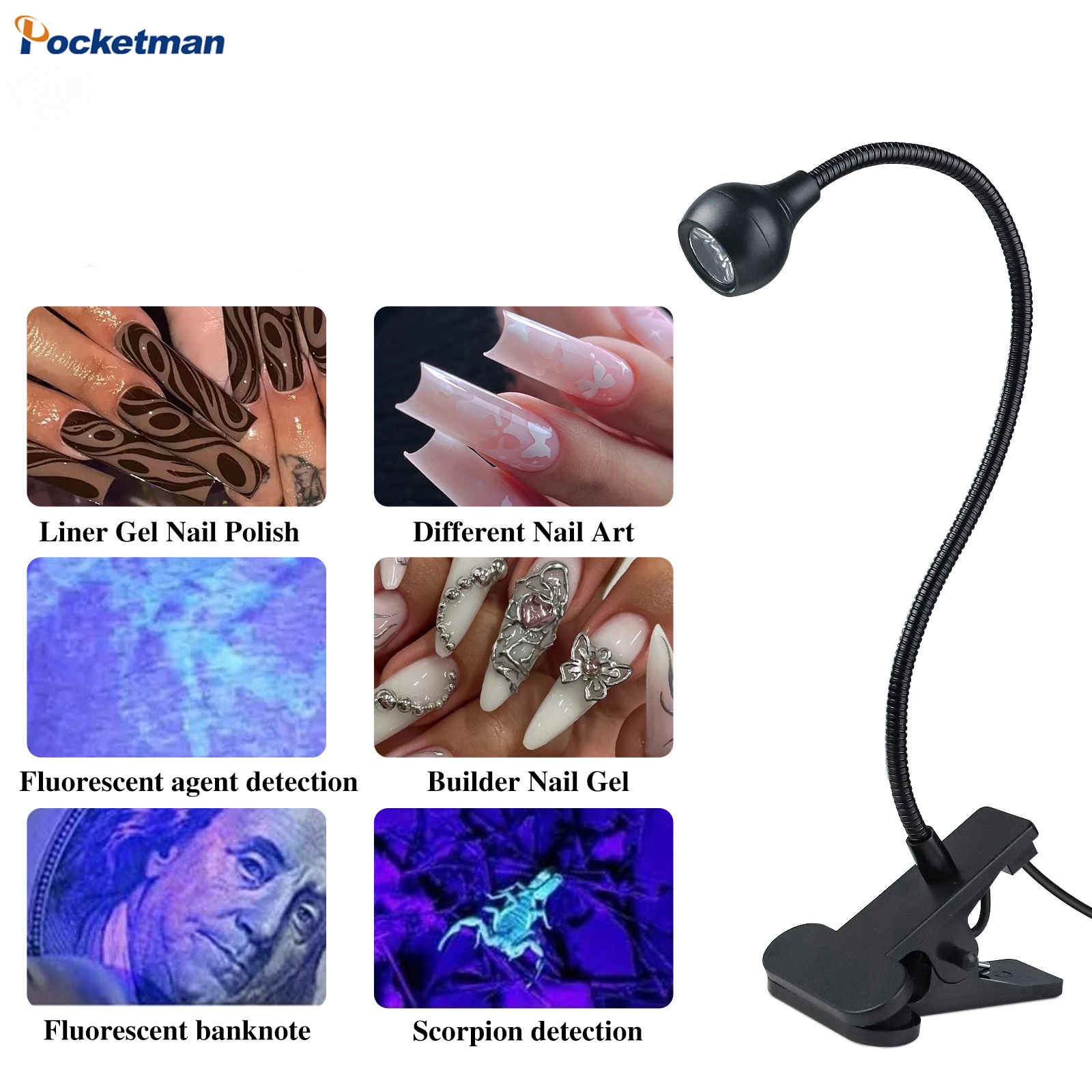 LED UV Lights Desk Torch 395nm Black Light Gooseneck Phone Repair Lantern Nail with Clip Lamp Mini Jade Appraisal Flashlight