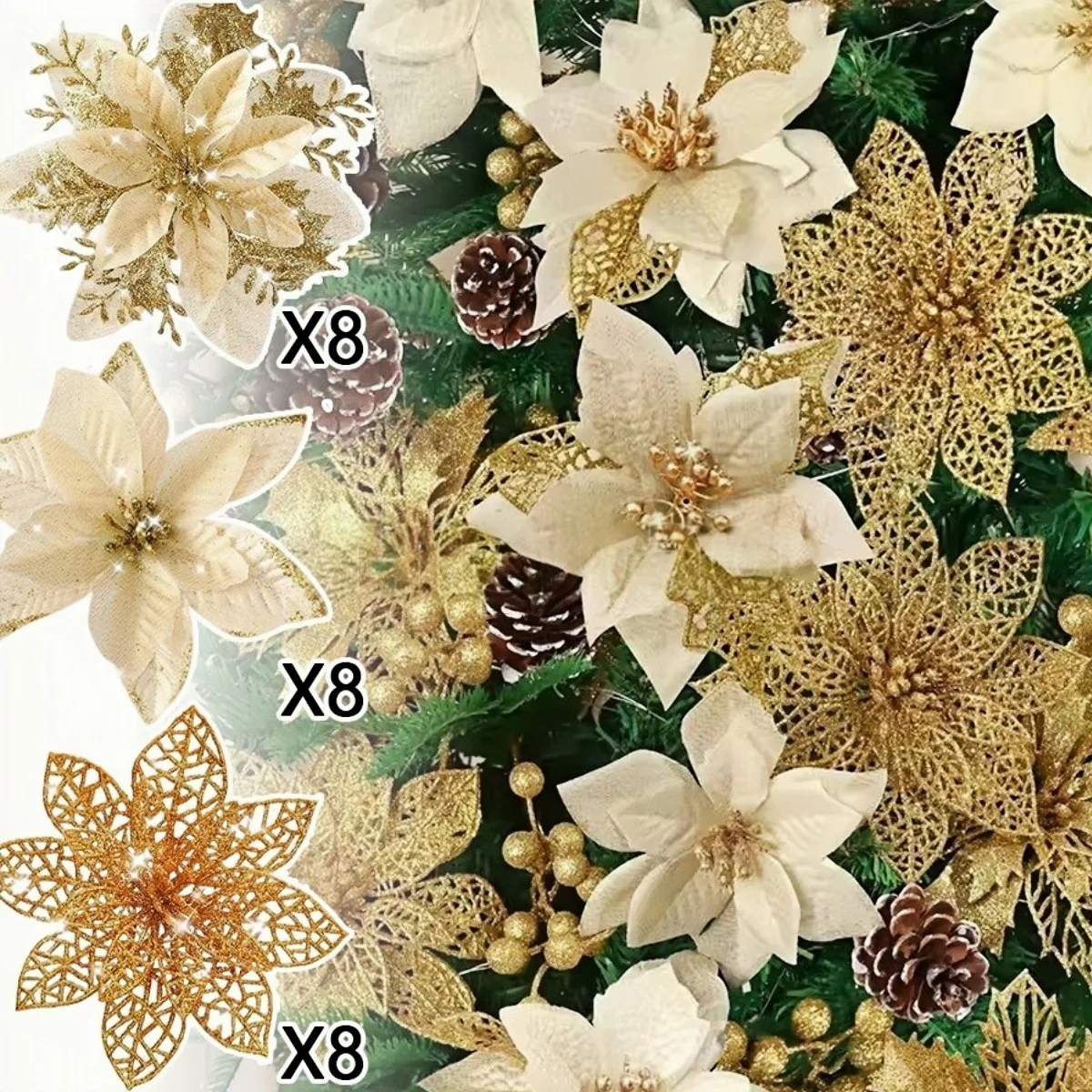 6-24Pcs 15cm Artificial Christmas Flowers with Clips Stems Xmas Tree Ornaments Glitter Flower Garland New Year Party Decor
