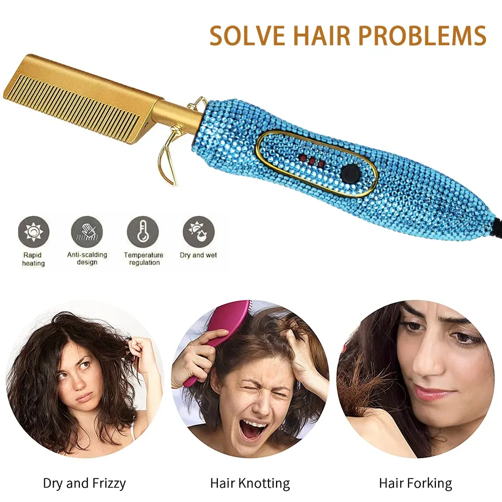 Hot African Hair Straight High Heat Press Comb, Mini Hair Straightener Pressing Electric Bling Hot Comb