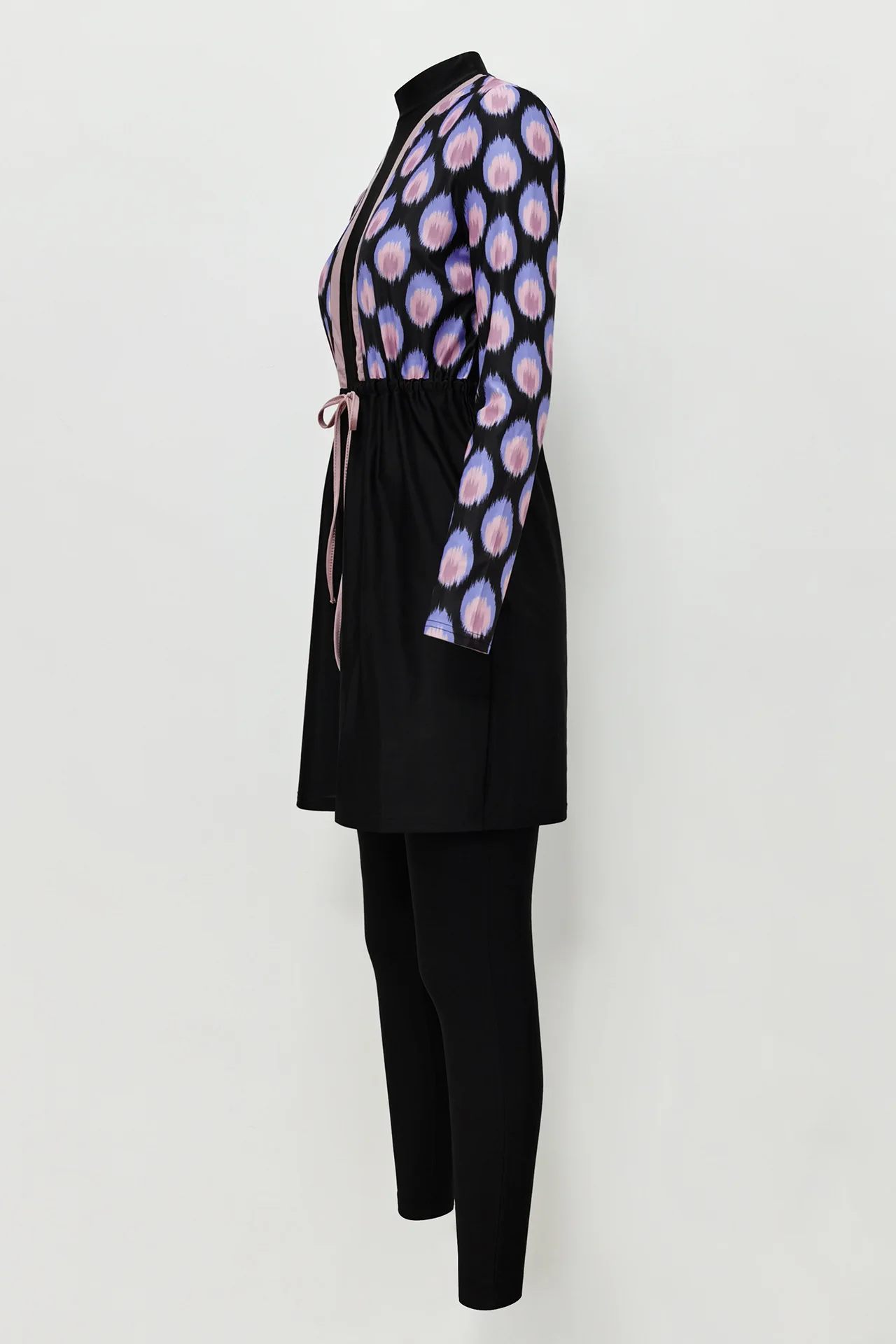 LunaCharm modest and cute purple print burkini set with matching swim scarf and black leggings.