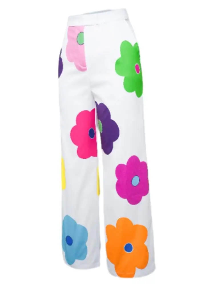 Freeacy 2024 New Pants for Women Summer Casual Bottoms Colorful Flower Printed High Wiasted Wide Leg Trousers Floor Length Pants