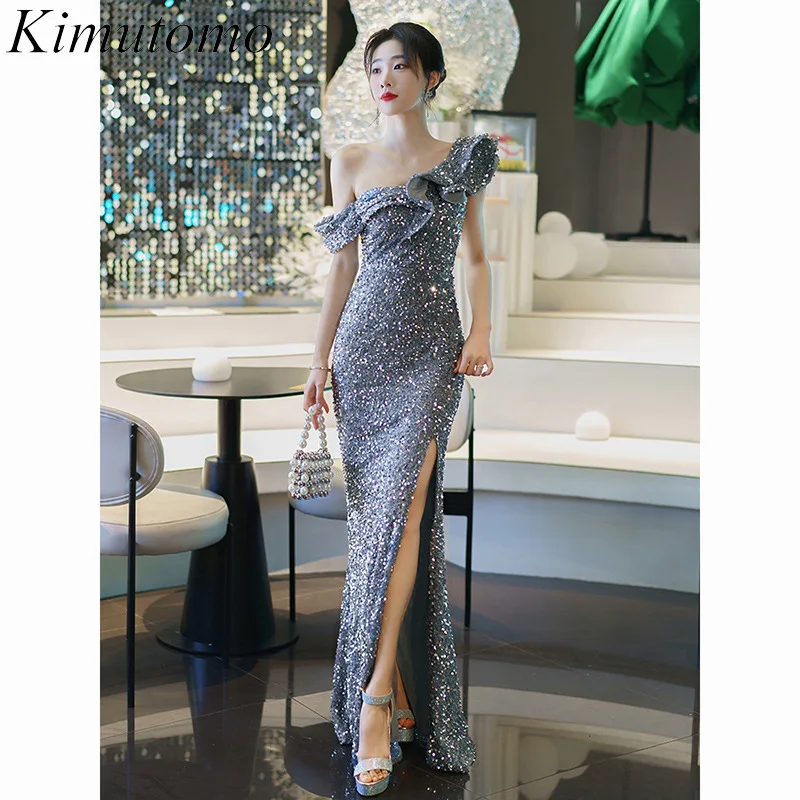 

Kimutomo Sequined Shiny Dress for Women Diagonal Shoulder Luxury Evening Gowns Sexy Ruffle Off-shoulder Split Maxi Party Dresses