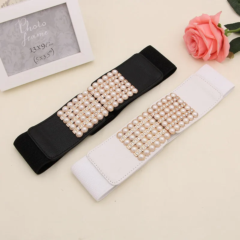 

New Style Rhinestone Pearl Ladies Girdle Casual Woven Elastic Belt