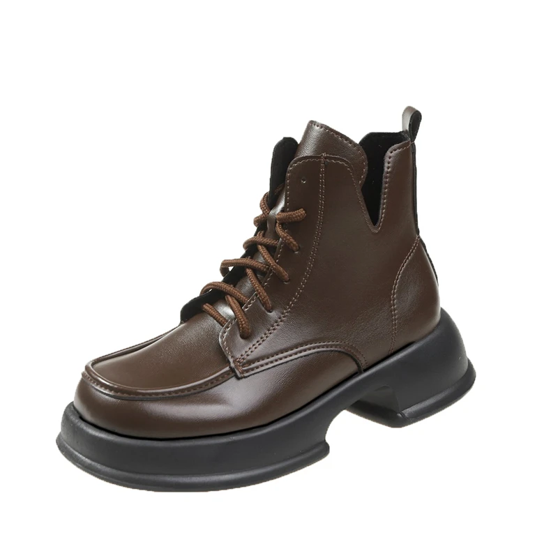Ladies Shoes 2023 Hot Sale Lace Up Women's Boots Autumn Round Toe Solid Naked Boots Platform Mid Heel Water Proof Fashion Boots