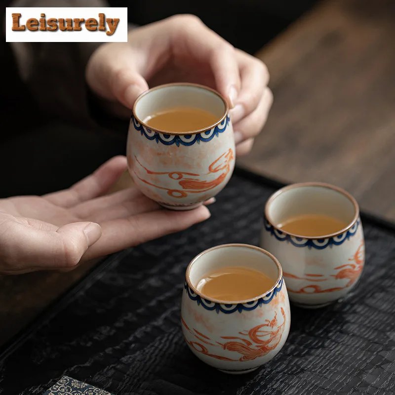 60ml Imitation Song Ru Kiln Porcelain Teacup Dunhuang Apsaras Pattern Master Cup Dargon Egg Cup Mugs Kung Fu Tea Set Gift Box