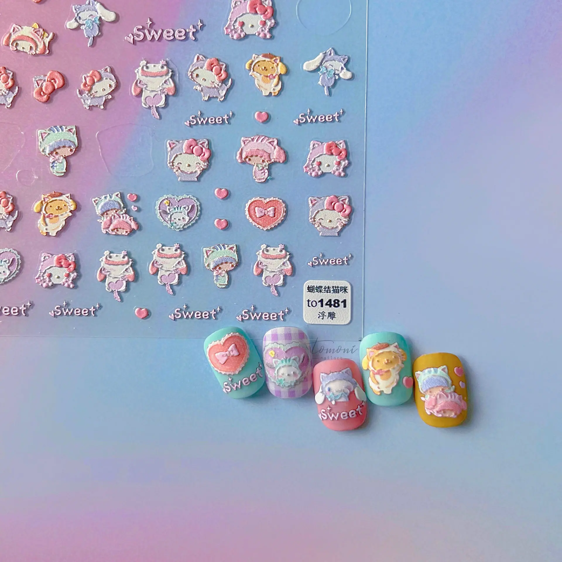 

Sanrio тисненый задний клей, милые наклейки для наращивания ногтей Cinnamoroll Kuromi My Melody 5d Kawaii, стикер