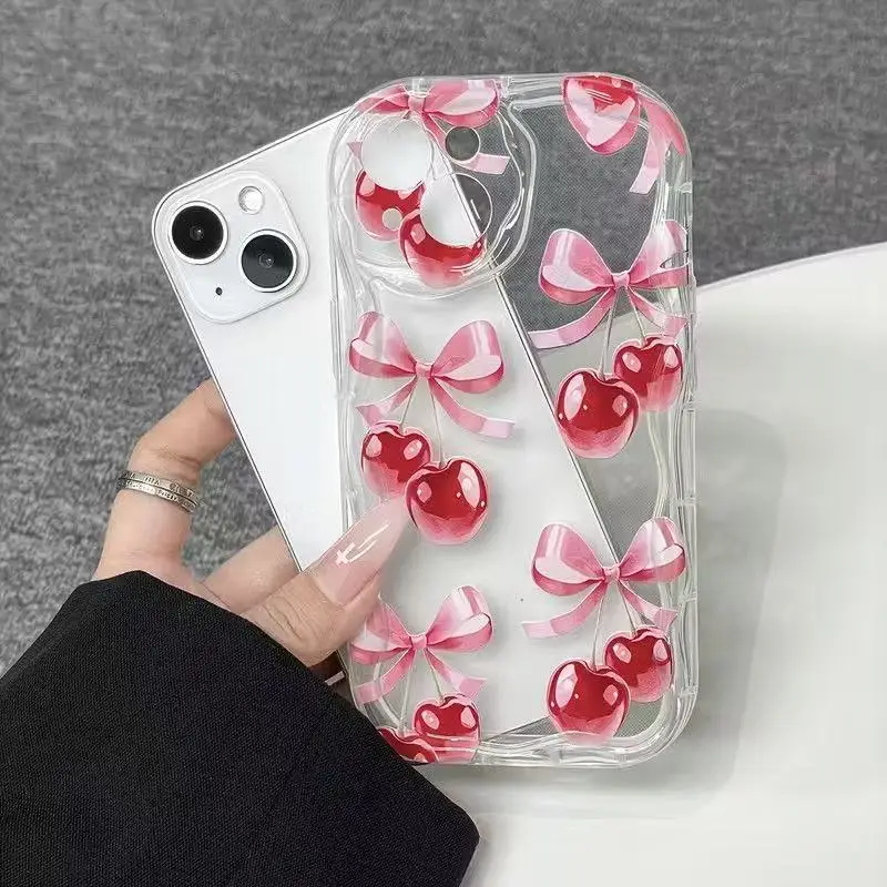 Pink Cherry Bow Wavy-Edge Phone Case Cover