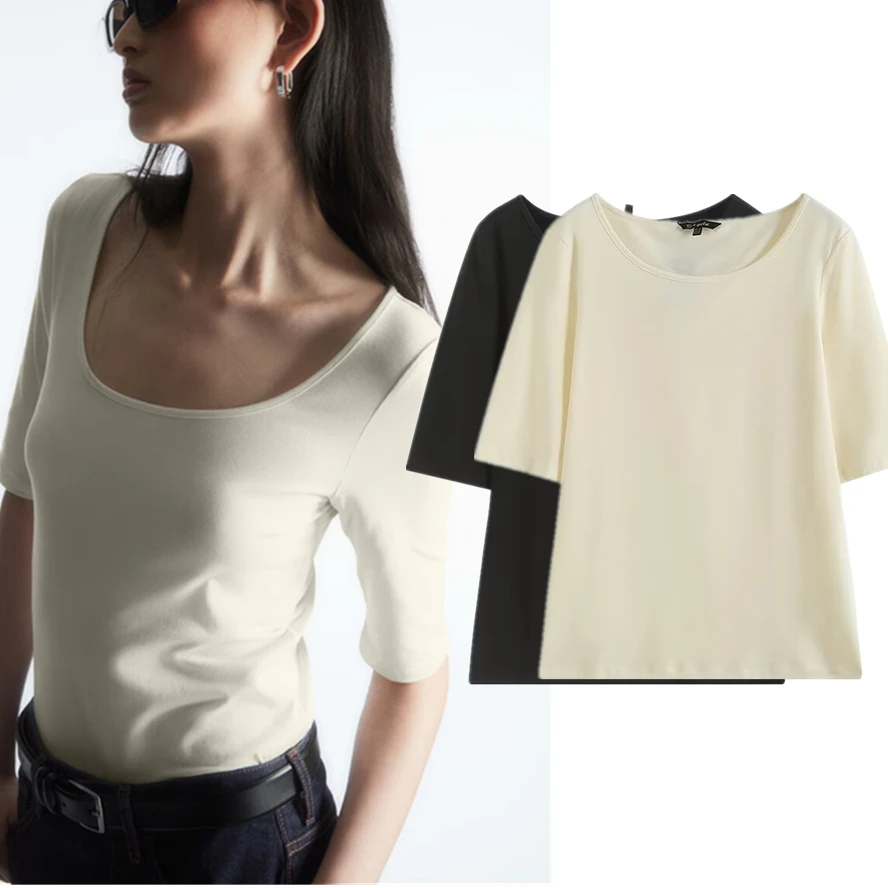 

Jenny&Dave England Big Round Neck Casual Top Trendy Basic Knit Comfort Skinny T-Shirt Women