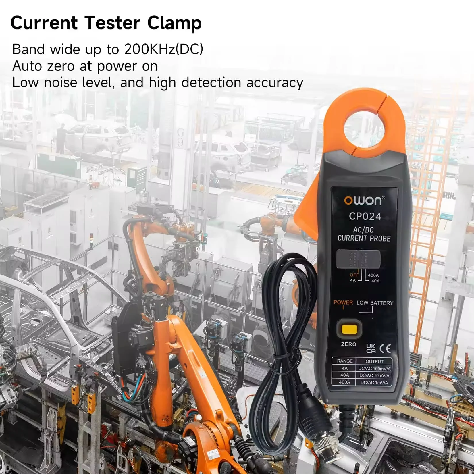 OWON CP024 DC AC Current Probe for Digital Storage Oscilloscope 4A to 400A Bandwidth 200kHz 23mm Jaw Three-Gear Current Clamp