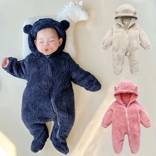 Baby Boy/Girl Long-sleeve Zip Solid Thickened Fuzzy Jumpsuit
