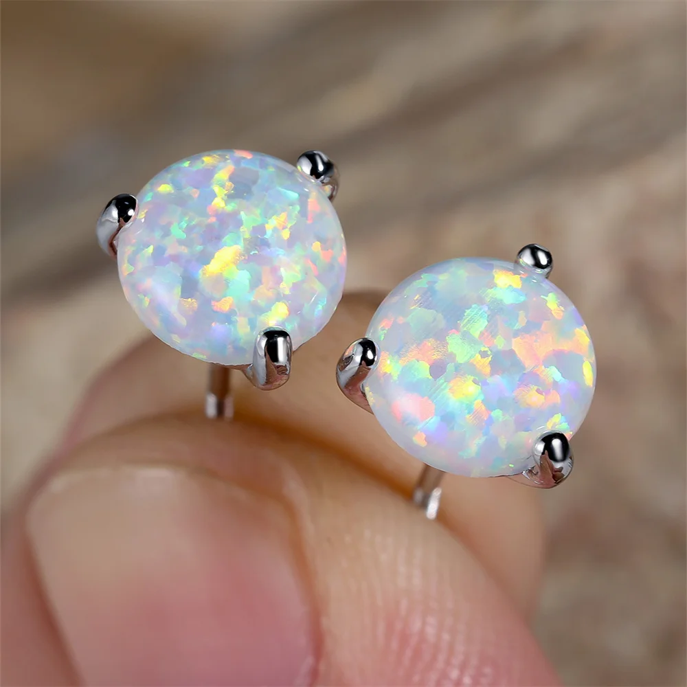 Female Cute Round Stone Screw Back Earring White Opal Small Stud Earrings For Women Classic Silver Color Wedding Jewelry Gifts