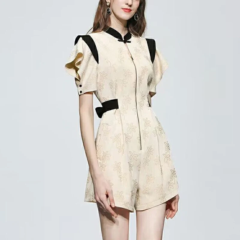 summer new stand collar elegant fashion ruffles patchwork playsuit female chinese style short sleeve patchwork jumpsuit women