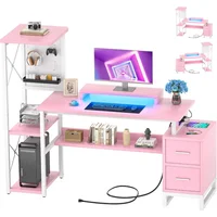 Computer Desk with 2 Fabric Drawers - Reversible Home Office Desk with Power Outlet & LED Lights, 53" Writing Desk with Monitor 1
