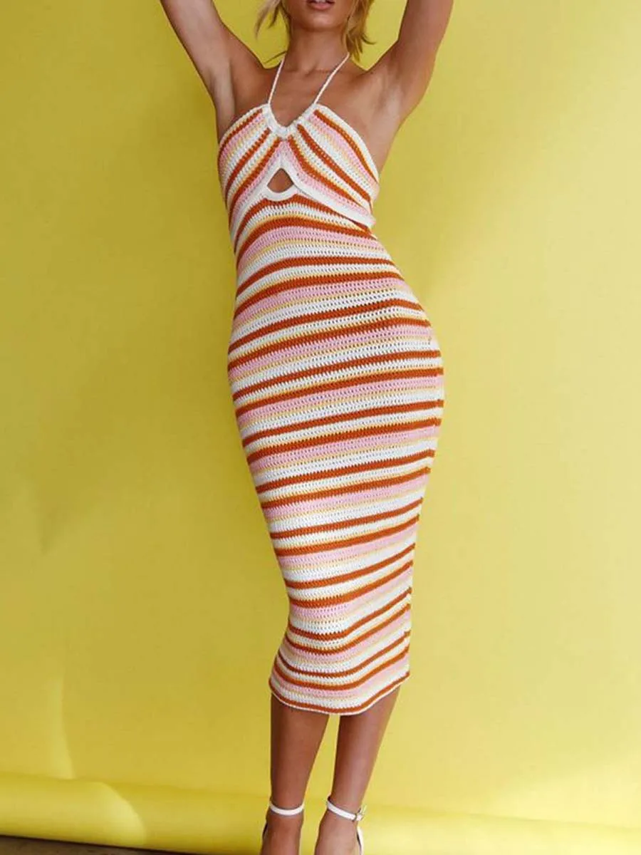 

Женское трикотажное длинное платье 2023, облегающее платье без рукавов, с завязкой на шее и открытой спиной, длинное платье для клуба