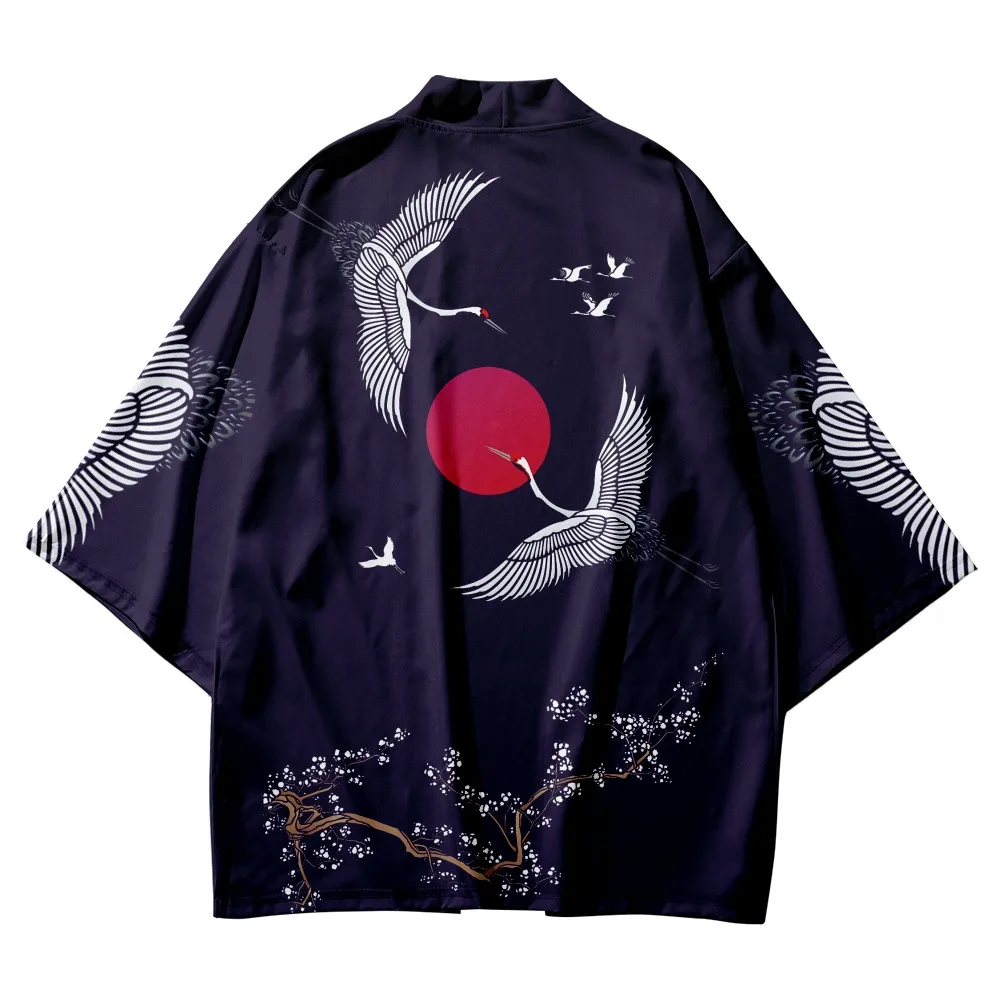 Kanagawa Wave Crane Japanese Kimono Cardigan Outerwear Coats Fashion Streetwear Loose Boys Jackets Casual Overcoat