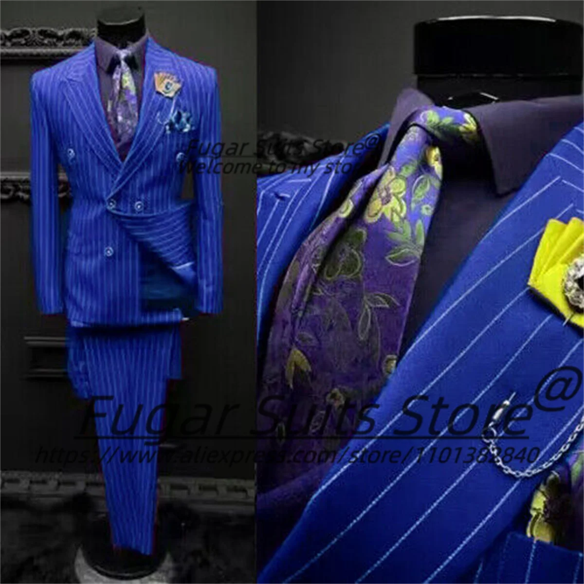 Men's Elegant Stripe Wedding Suits Slim Fit Double Breasted 2Pieces Sets Business Blazers