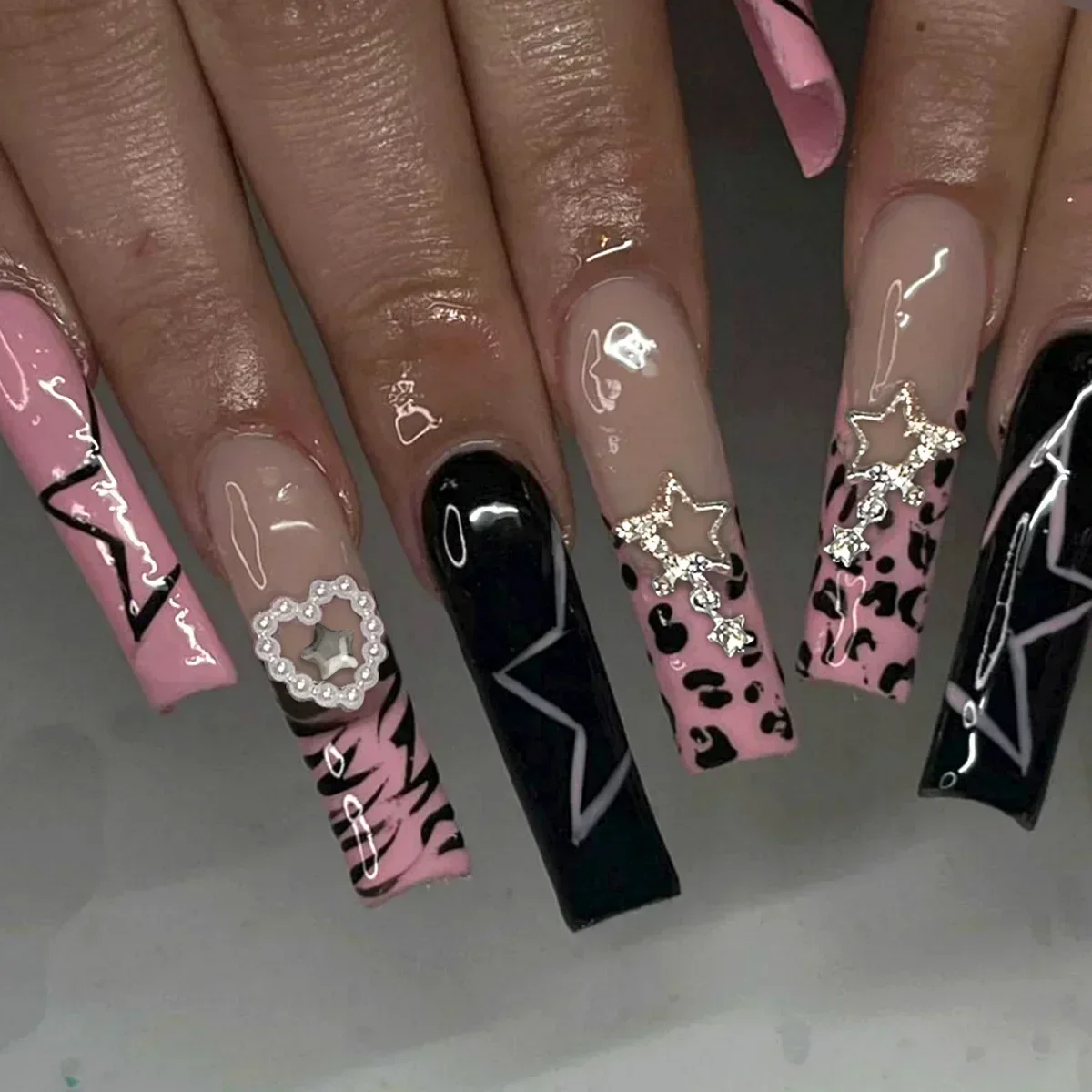24pc Coffin False Nails With Design French Crocodile Print Acrylic Fake Nails Full Cover Press On With Glue