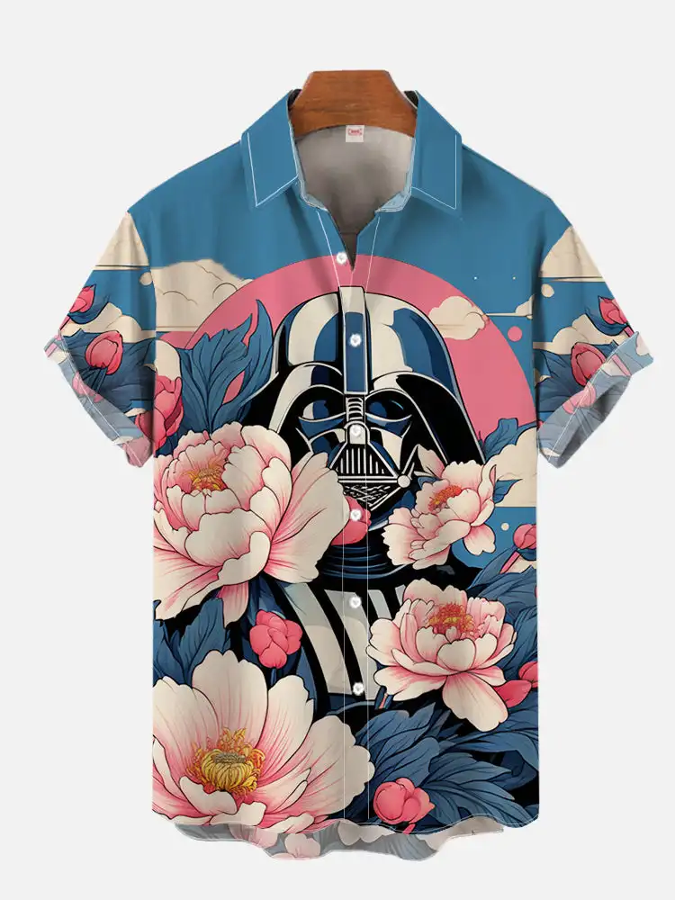 thumbnail image 1 of Camisa hawaiana de manga corta con cuello vuelto, estampado floral tropical Ukiyo-E y ciencia ficción, estilo informal, 2024, 1 of 5