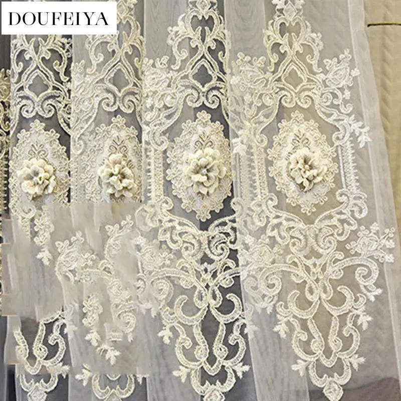 European Embroider Tulle Double Layer Luxury Curtains for Living Room Bedroom Embossed Design Blackout Villa Window Sheer Custom 3