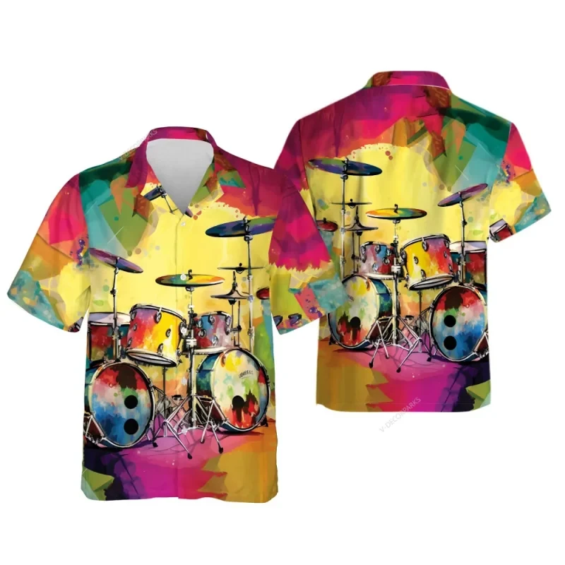 Hawaiian Shirts For Men Drum Graphic Summer Casual Short Sleeve Y2k Tops Oversized Streetwear Vintage Beach Blouse Clothing Male