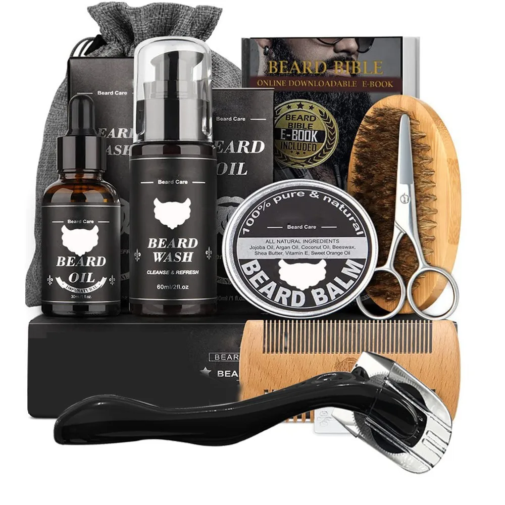 5/7/8 PCS Men's Beard care full set beard comb Balm Double-sided comb with roller beard growth liquid image 12