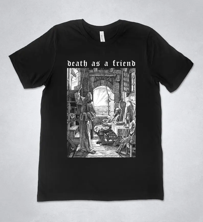 

Alfred Rethel - Death as a Friend t-shirt, Life and Death symbolism, Death, Memento Mori, etching, Medieval Art print shirt