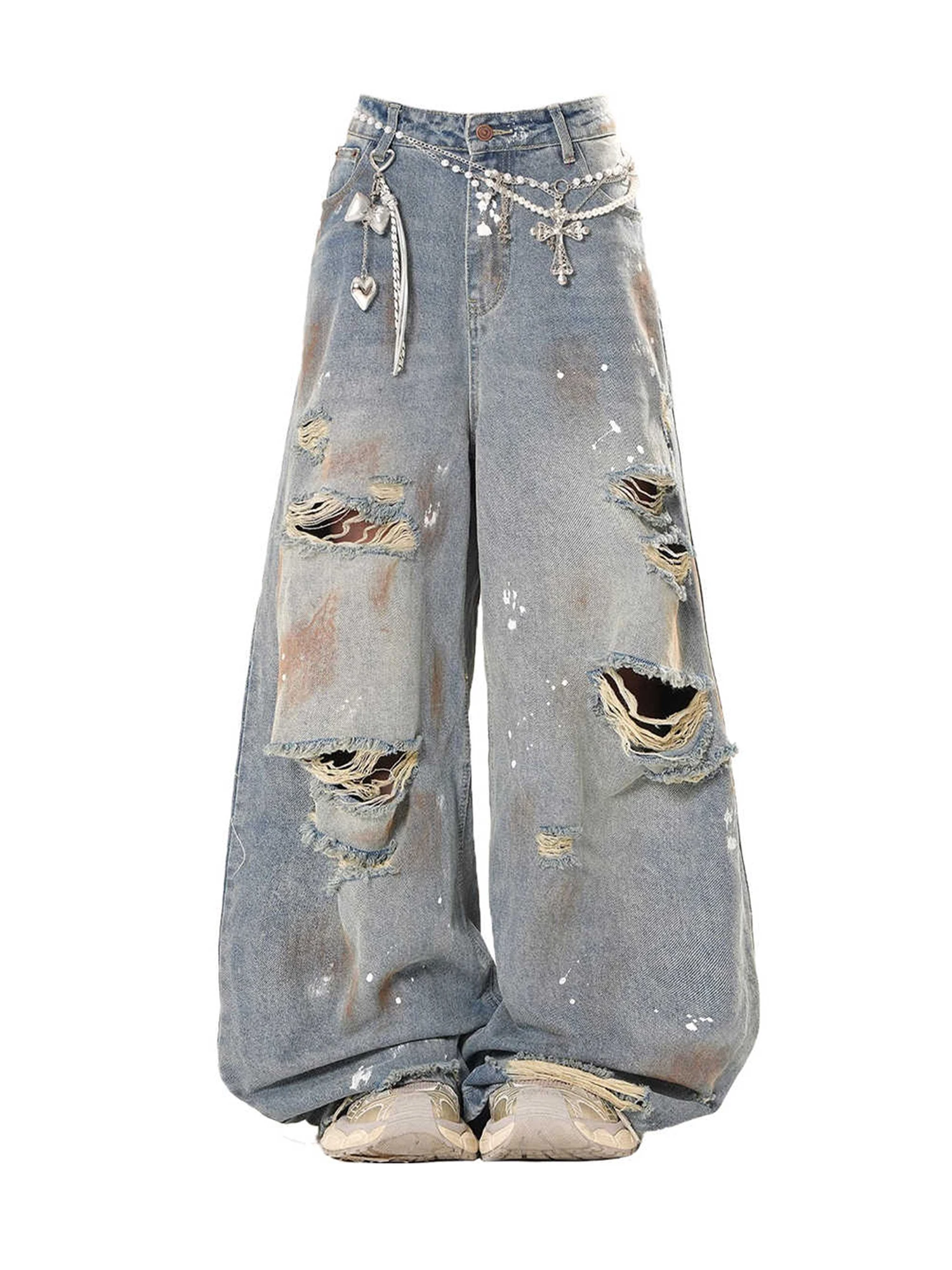Women's Blue Y2k Baggy Ripped Jeans Harajuku Vintage Emo
