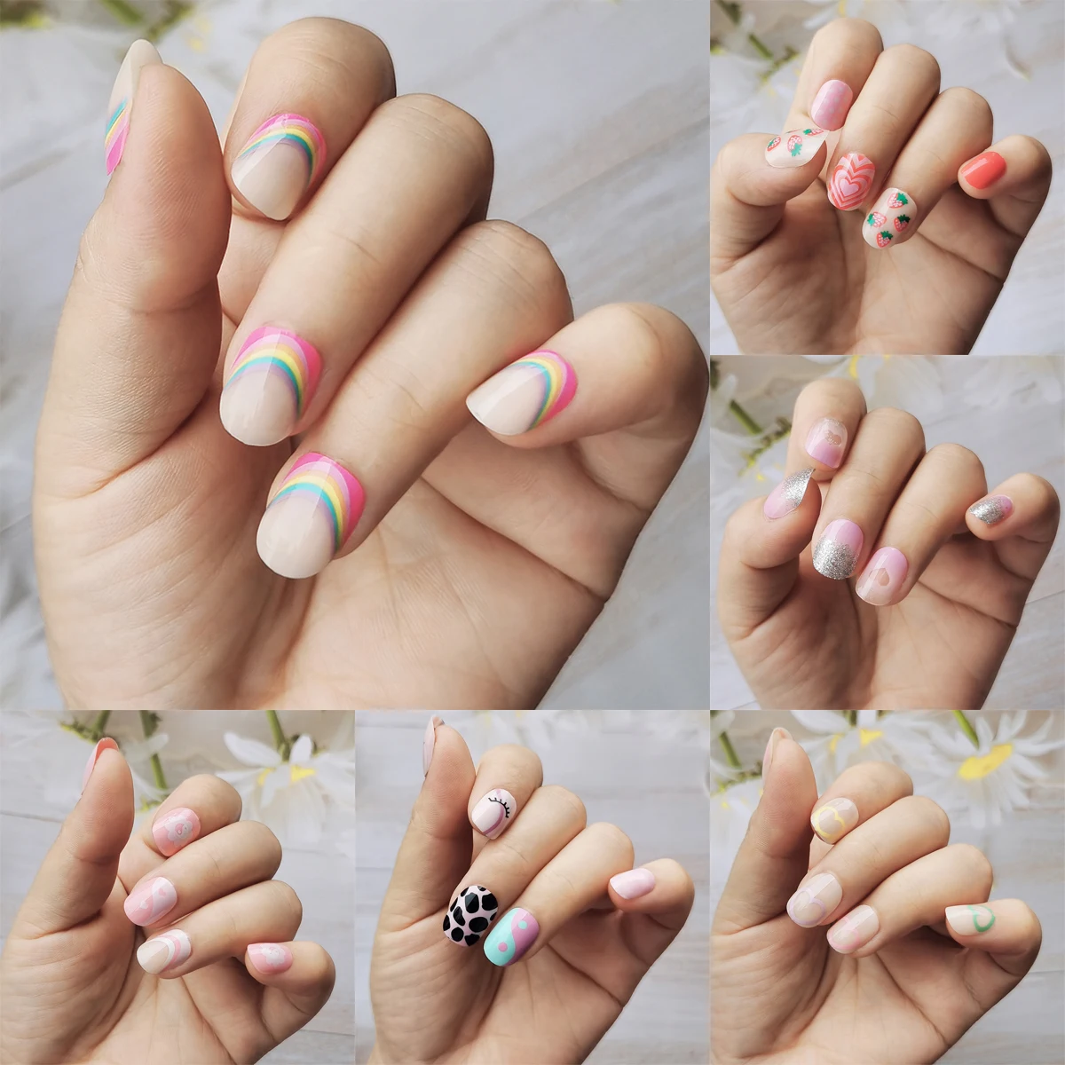 Description Picture 6 of item24 Pcs Rainbow Kids Press on Nails Pre-glue Children Heart Pattern False Nail Art Tips Short Full Cover Fake Nails for Girl