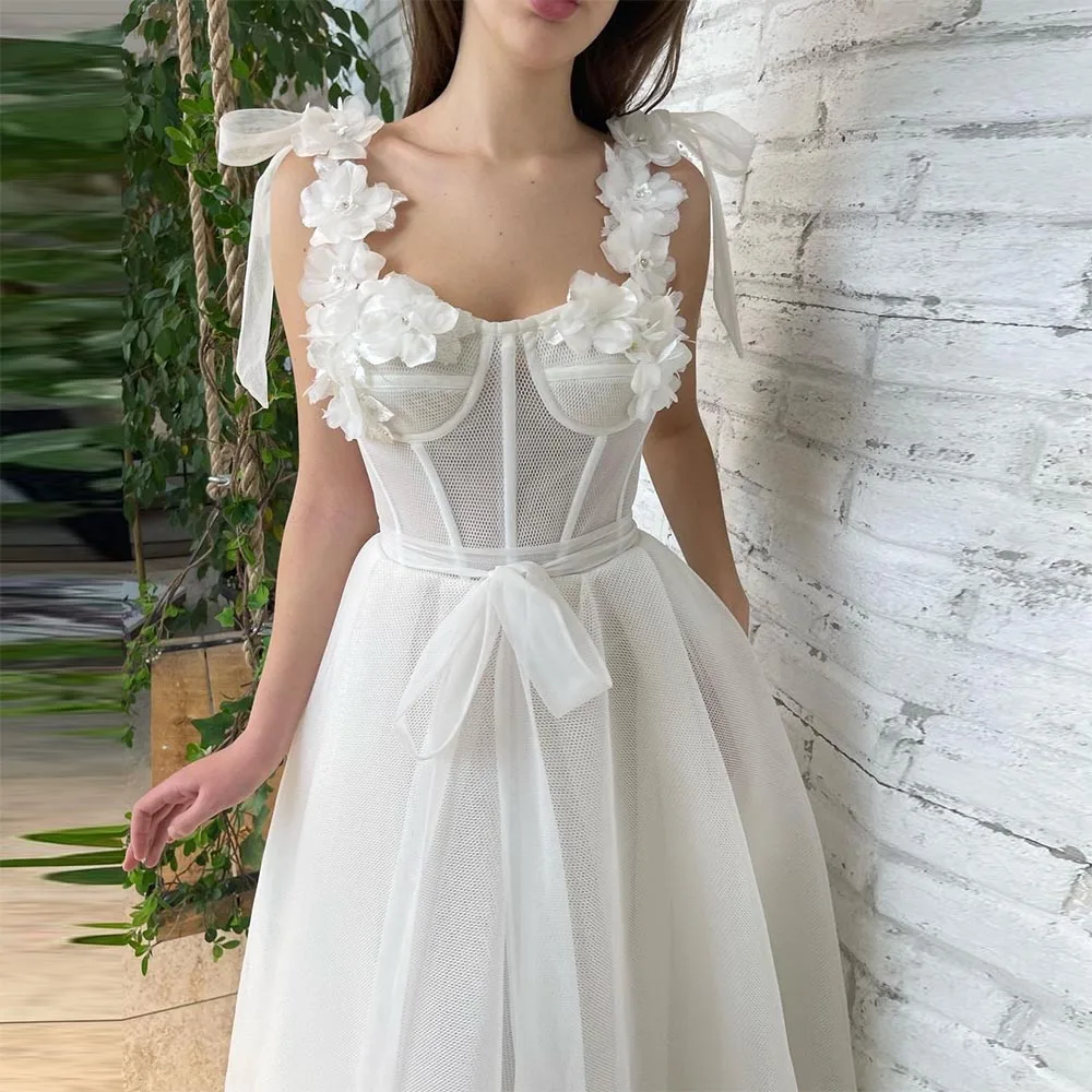 

Sevintage 2022 White Tulle A-Line Midi Prom Dresses Sweetheart 3D Flowers Appliques Tea-Length Wedding Party Dress Formal Gown