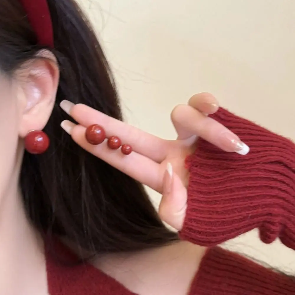 

1Pair Retro Red Bead Earring French Style Geometric Round Bead Earrings Dripping Oil Jewelry Accessories