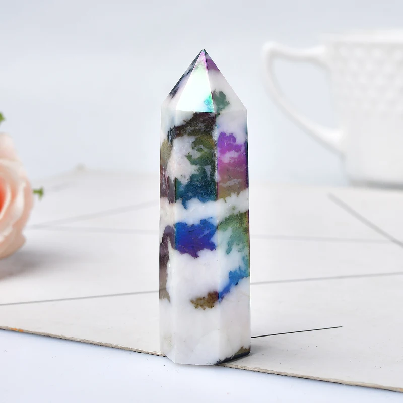 Natural Aura Stone Crystal Point Healing Obelisk Black and White Zebra Quartz Wand Home Decor Pyramid Ornament