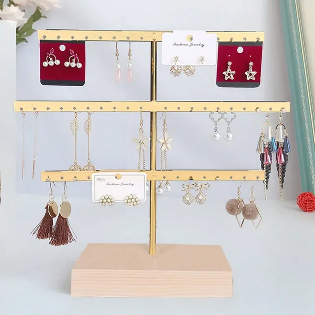 Support organisateur de bijoux à 52 trous, Base en bois, avec support pour boucles d'oreilles en métal, idéal pour la décoration de la maison et les accessoires de mariage