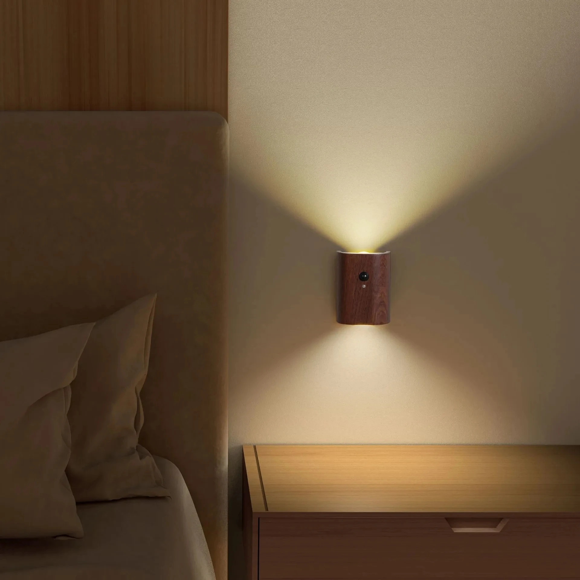 

LED Motion Sensor Induction Night Lights Wooden Wireless USB Rechargeable Wall Lamp for Bedroom Kitchen Corridor Stairs Lighting