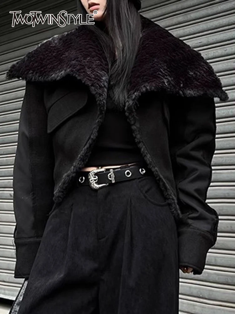 

TWOTWINSTYLE Colorblock Casual Slimming Coats For Women Lapel Long Sleeve Minimalist Temperament Coat Female Fashion Clothing