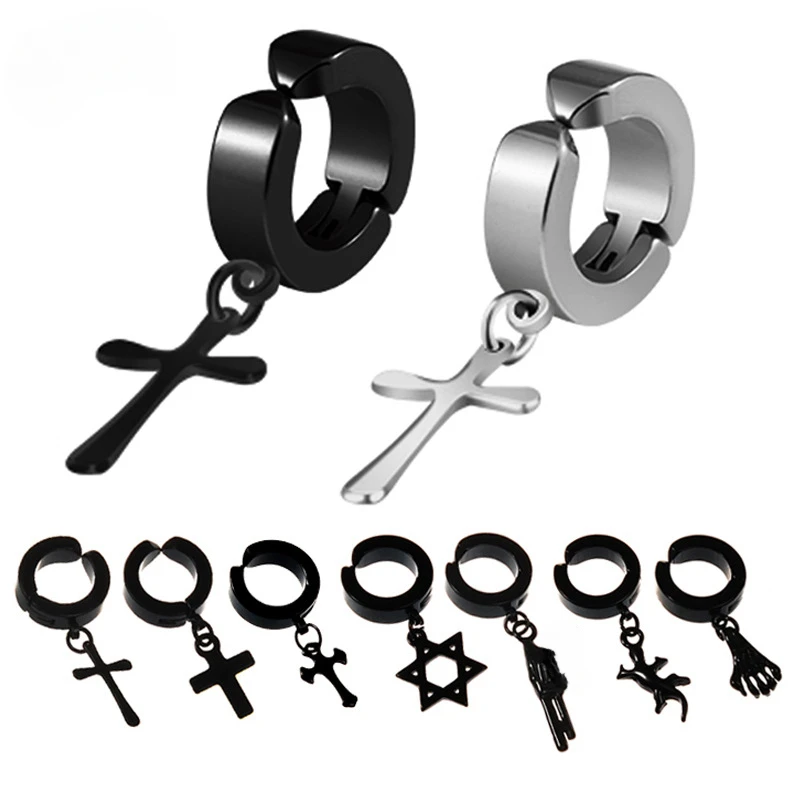

Tassel Black Korean Style Without Hole Earrings Cross Titanium Steel Ear Clip
