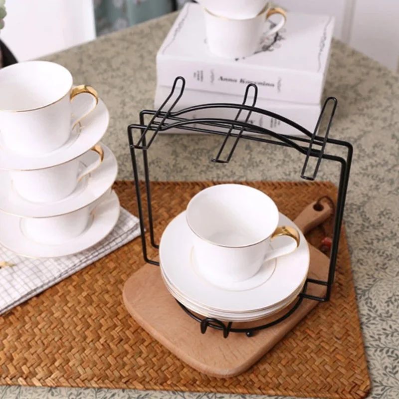 Cup Rack Stand Holder European Style Gold Iron Art Mug Saucer Ceramic Cup Standing Holder Household Counter Bar Kitchen Supply cup rack holder